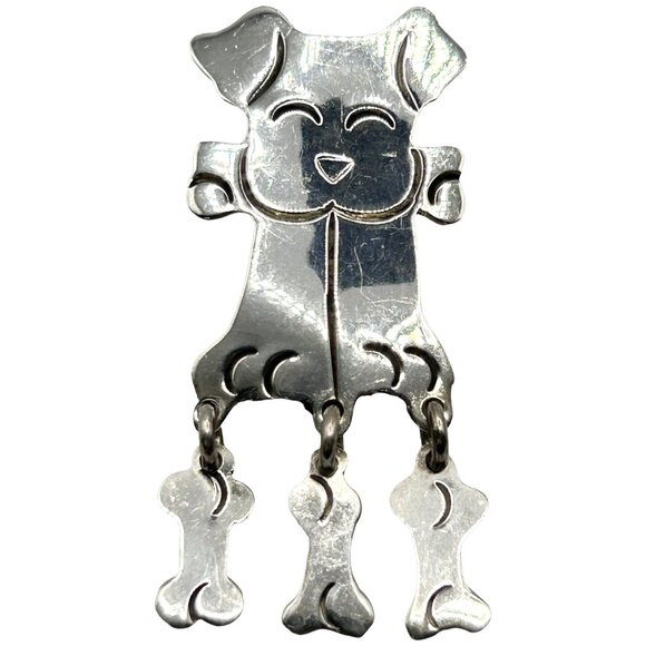 Vintage Mexico 925 Sterling Silver Dog with Dangling Bones Pendant Brooch/Pin - Picture 1 of 5